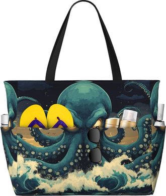 Generic Ocean Octopus Print Large Beach Bag Foldable Travel Shoulder Tote Bag With Pocket For Weekender Pool Vacation