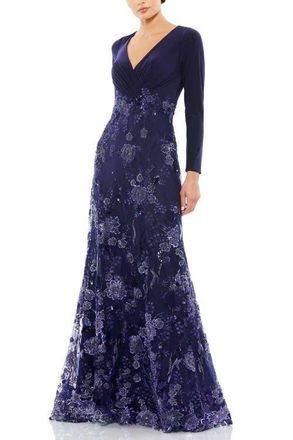 Mac Duggal Embellished Long Sleeve Wrap Over Trumpet Gown in Midnight at Nordstrom, Size 10