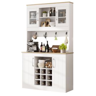 STILVORA Aparador De Cocina Con 2 Puertas De Cristal, Estantes Abiertos, Botellero Y Ganchos, De Tablero De Part&iacute;culas, 106&times;39&times;175 Cm, Blanco Y Natural