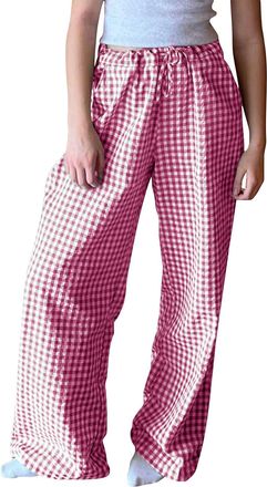 Generic Thermal Layer Women Gingham Trousers Women Ladies Baggy Trousers Elasticated Waist Womens Casual Plaid Print Drawstring Pants Y2k Checked Comfy Bottom