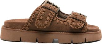 Mou whipstitch-trim suede slides - women - Fabric/Calf Leather/Calf Suede/Rubber - 37 - Brown