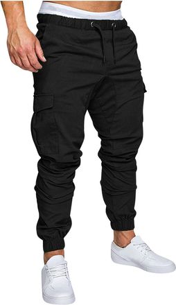 Generic Cargo Trousers for Men Cargo Drawstring Regular Fit Work Pants Elastic Waist Cuffed Cargo Pants Solid Color Casual Combat Trousers Hiking Walking Work
