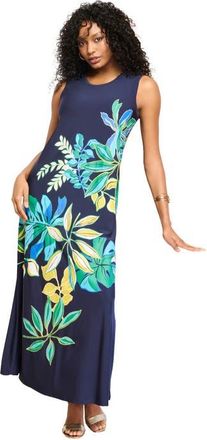 Roaman's Plus Size Sleeveless Crew Neck Maxi Dress in Navy Bold Leaves at Nordstrom, Size 40