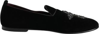 Dolce & Gabbana Zwart Velvet Kristal Kroon Loafers - Heren - Loafers - Zwart - 44 EU - Katoen - Schoenen