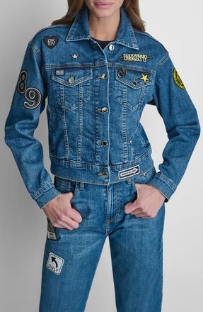 DKNY 1989 Pins & Patches Denim Trucker Jacket in Tribeca Wash at Nordstrom, Size Xx-Small