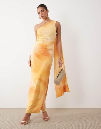Tfnc Vestito lungo aderente monospalla con sciarpa giallo con stampa astratta