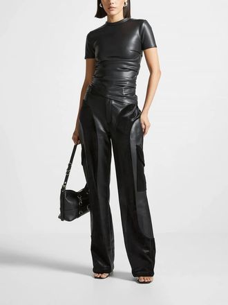 Mani&egrave;re De Voir Leather Ruched T-Shirt in Black at Nordstrom, Size 0