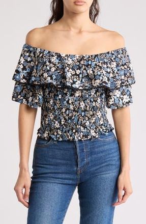 By Design Laura Floral Ruffle Short Sleeve Top in Ditsy Blue at Nordstrom Rack, Size X-Large