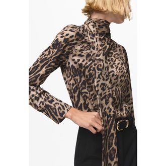Mango Animal Print Scarf Neck Top in Black Brown at Nordstrom, Size 4