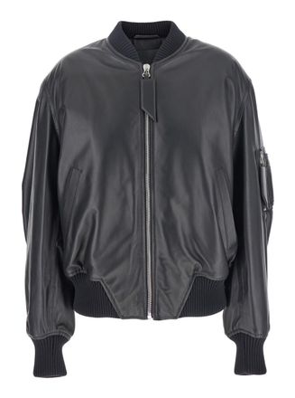 The Attico Black Bomber Jacket With Zip Closure In Leather Woman