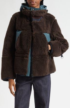 sacai Mixed Media Faux Shearling Jacket in Brown/Green at Nordstrom, Size 4