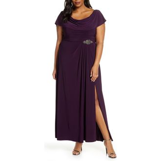 Alex Evenings Cowl Neck Beaded Waist Gown in Eggplant at Nordstrom, Size 20W