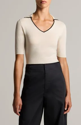 Vince Tipped Cotton & Cashmere Polo in Off White/ink at Nordstrom, Size Xx-Small
