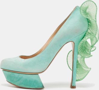 Nicholas Kirkwood Mint Green Suede Ruffle Trimmed Platform Pumps