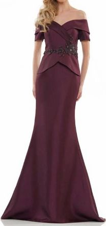 Colors Dress Beaded Waist Peplum Gown In Wine