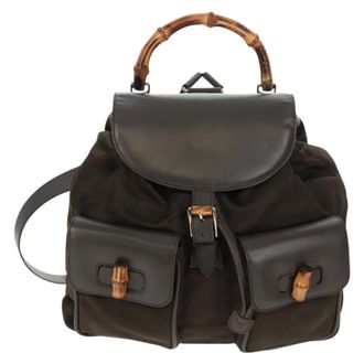 Gucci Vintage Bamboo Backpack Nylon And Patent Leather Brown Nylon Backpack Bag (Pre-Owned)