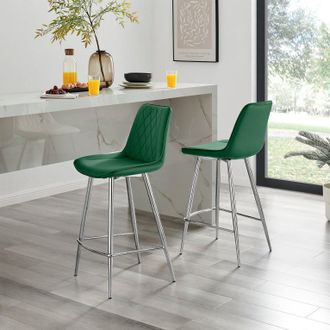 Furniturebox Pesaro Set of 2 Velvet Silver Legs Counter Stools in Green