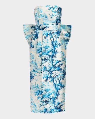 Mestiza New York Lorena Strapless Toile-Print Bow Midi Dress