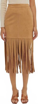 Crescent Fresh In Fringe Vegan Suede Skirt In Tan/beige