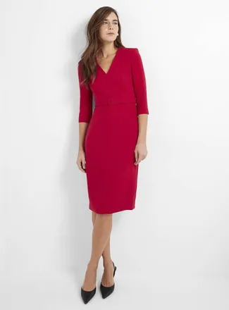 Judith & Charles Ora Plunging Neckline Midi Dress In Deep Red