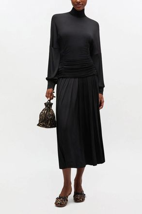 Ganni Black Long Dress in Ruched - Size 34 Viscose