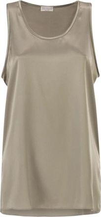 Brunello Cucinelli Stretch Zijde Satijn Ronde Hals Top - Dames - Tops zonder mouwen - Beige - M - Satijn - Tops