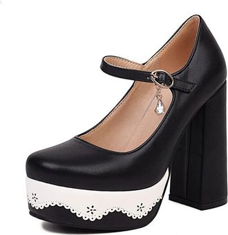 Generic Qynthra Womens Mary Janes Square Toe Platform High Heels Chunky Block Heel with Strap for Parties and Special Occasions Multicolor Pumps,Black,6.5 UK