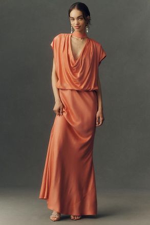 BHLDN Plunge Cowl-Neck Satin Maxi Dress