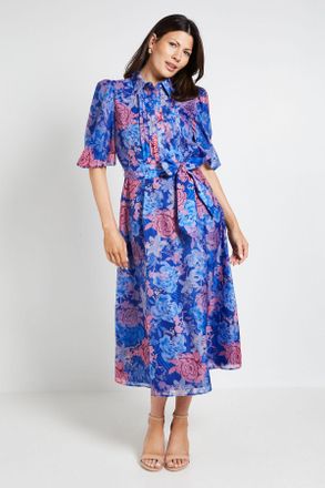 Wallis Womens Floral Organza Pintuck Midi Shirt Dress - Blue - Size 18 UK