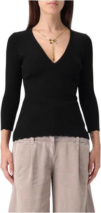 Elisabetta Franchi Truien & Vesten, Dames, Zwart, L, Zwarte V-hals Trui Ribgebreid