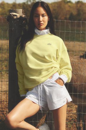 Alo | Accolade Crewneck Neck Pullovershine Top in Sun Yellow, Size: Medium