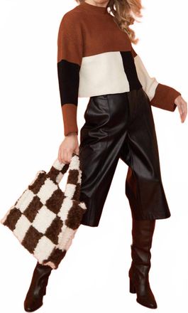 JayLey Shearling Checkered Tote Bag In Brown & Beige