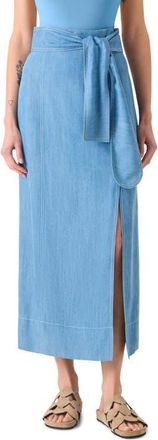 Akris Chambray Faux Wrap Midi Skirt in Sky Blue Denim at Nordstrom, Size 10