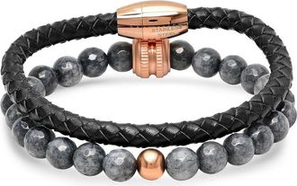 Steeltime Mens Set of 2 Bead & Braided Bracelets in Black/Gray at Nordstrom Rack