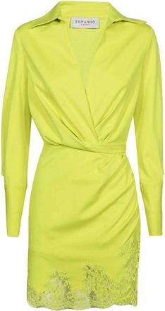 Ermanno Scervino Kleedjes, Dames, Groen, M, Katoen, Geborduurde V-hals jurk met golvende zoom