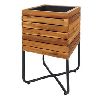Hhg Hhg - Jardinera 585, Macetero, Cuadrado 60 X 33 X 33 Cm, Para Exterior, Acero Y Madera De Acacia, Certificado Mvg, Marr&oacute;n