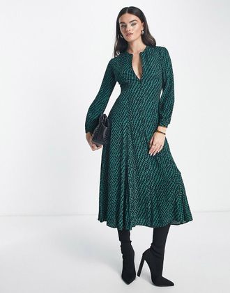 Whistles Vestito midi a maniche lunghe verde con stampa pitonata