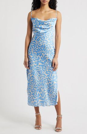 Jump Apparel Tie Back Cowl Neck Sleeveless Satin Midi Dress in Blue Floral at Nordstrom, Size X-Large