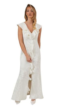 Oasis Satin Jacquard V-Neck Bridesmaid Dress in Champagne at Nordstrom, Size 10