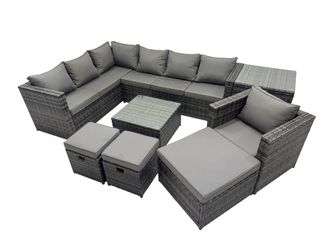 Fimous Patio Furniture Sets with Corner Sofa Chair Side Table 3 Footstools in Dark Grey