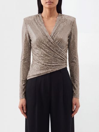 Self Portrait Asymmetrical Draped Evening Top with Crystal Embroidery and V-Neck