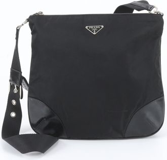 Prada Black Leather Nylon Messenger Bag Shoulder Bag (Pre-Owned)