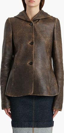 Khaite June Hooded Distressed Leather Jacket in Dark Brown at Nordstrom, Size 4