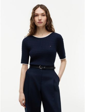 Tommy Hilfiger Womens Cable Knit Boatneck Sweater - Navy - XXS
