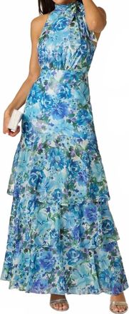 Adrianna Papell Long Tiered Metallic Floral Halter Dress In Blue Multi