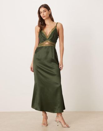 Never Fully Dressed Mimi - Vestito stile sottoveste in raso verde con gonna al polpaccio