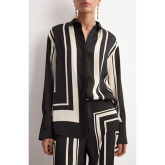 Mango Stripe Satin Button-Up Shirt in Black at Nordstrom, Size 4