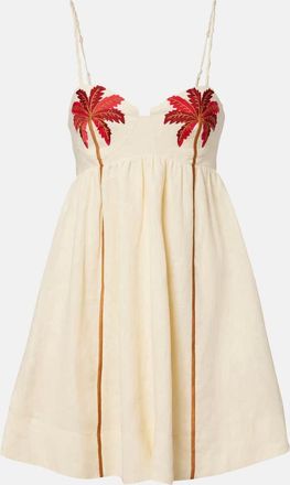 Farm Rio Coconut Tree embroidered linen minidress
