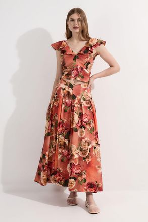 Karen Millen Womens Floral Viscose Linen High Waisted Woven Maxi Skirt - Orange - Size 10 UK