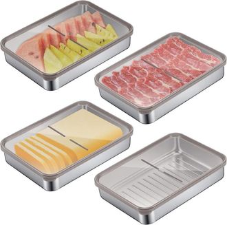 OEM Caja De Almacenamiento - Acero Inoxidable - Con Tapa Transparente - 20x14x4 Cm - Apta Para Congelador Y Horno - 4 Unidades